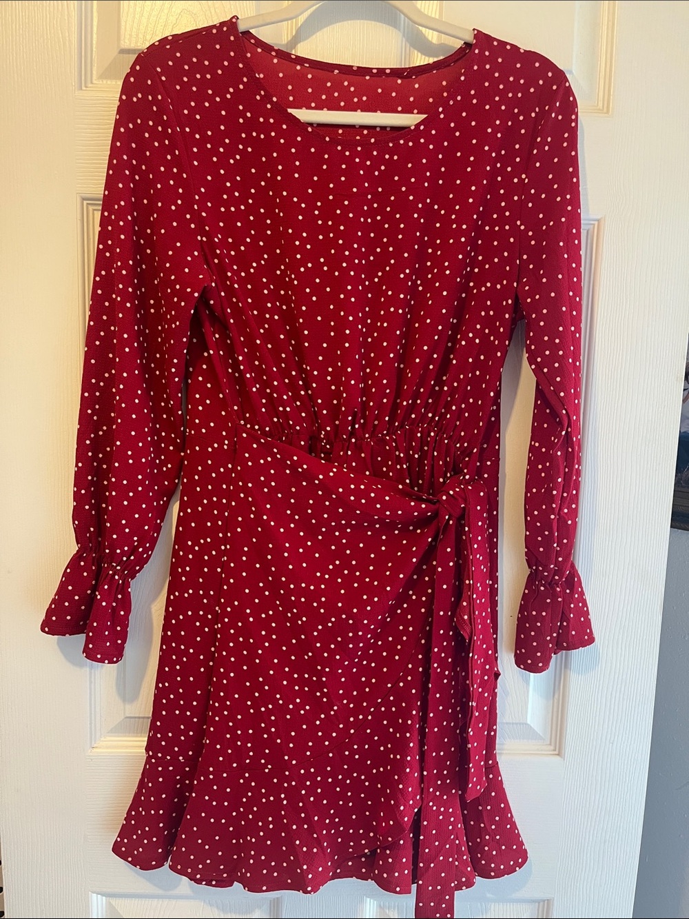Red Polka Dot Long-Sleeve Tie-Detail Dress